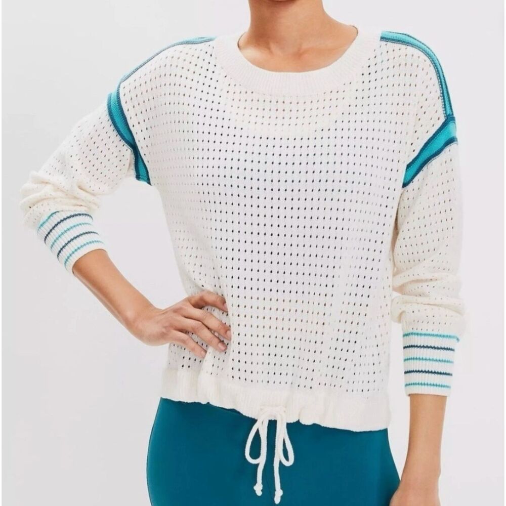 Lou & Grey Striped Cream Pointelle Drawstring Sweater Size Small